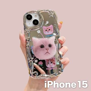ミーム猫 ミラー iPhoneケース シルバー アイホン15 グリップ付 韓国(iPhoneケース)
