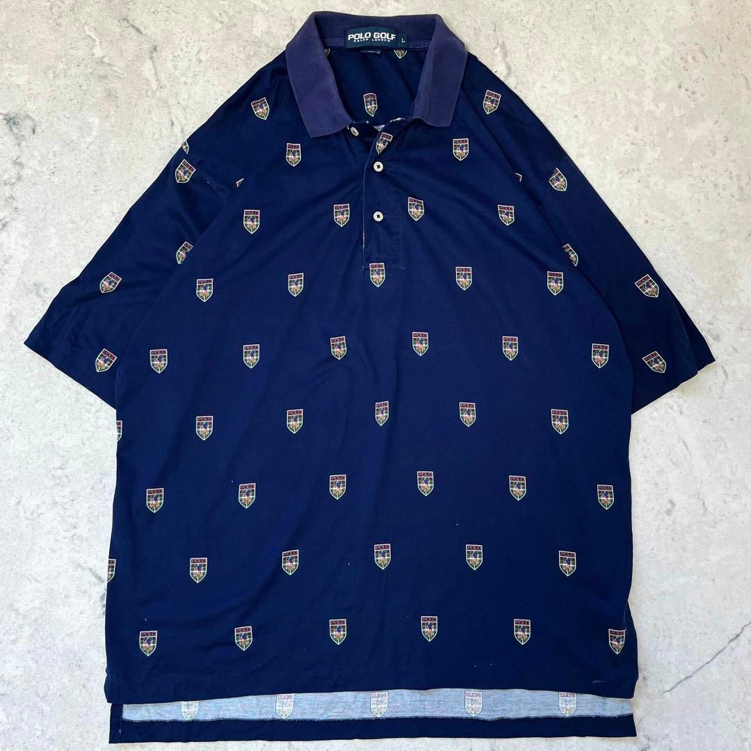 POLO RALPH LAUREN(ポロラルフローレン)の【90sポロゴルフ ラルフローレン】Lサイズ総柄 プリント ポロシャツ ネイビー メンズのトップス(ポロシャツ)の商品写真