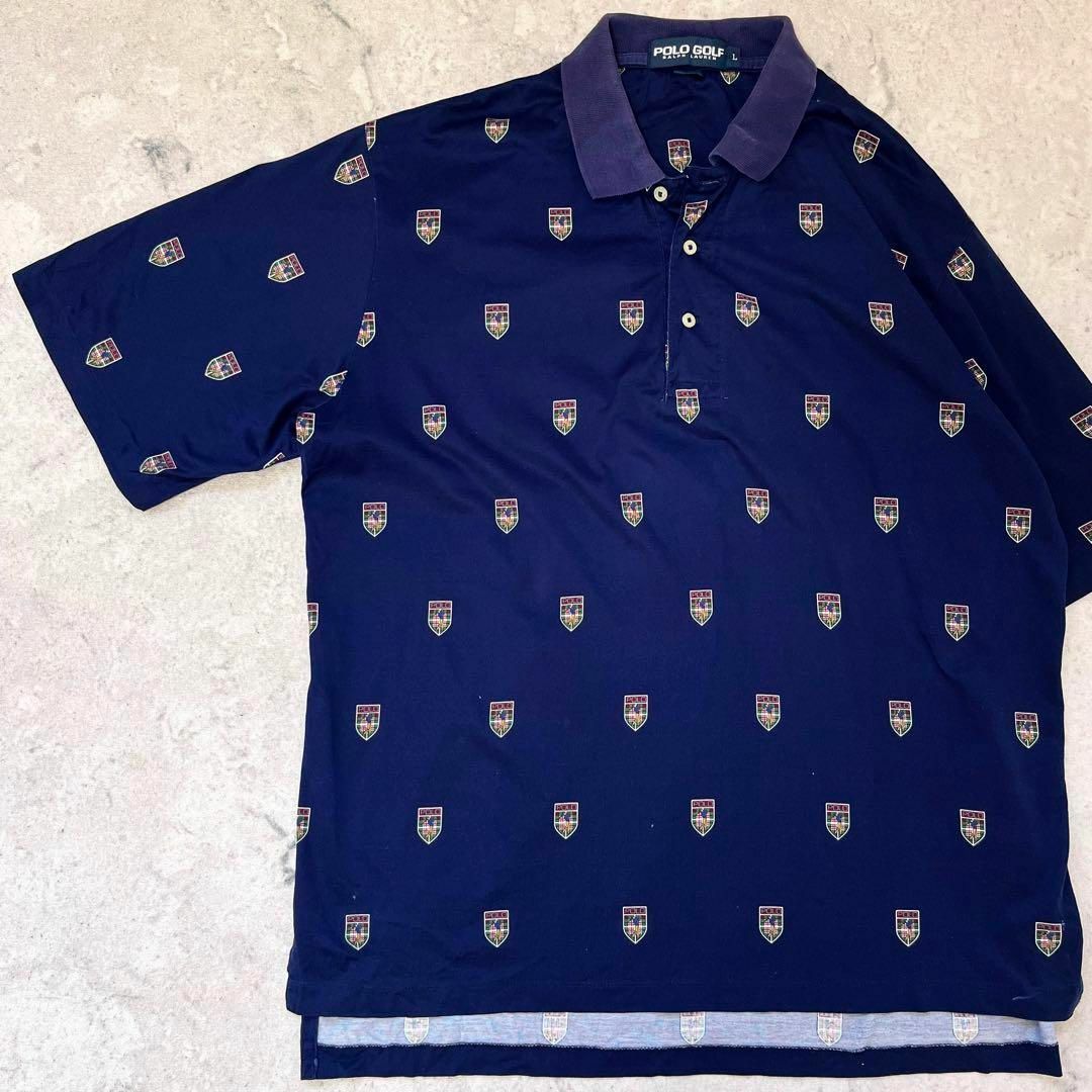 POLO RALPH LAUREN(ポロラルフローレン)の【90sポロゴルフ ラルフローレン】Lサイズ総柄 プリント ポロシャツ ネイビー メンズのトップス(ポロシャツ)の商品写真