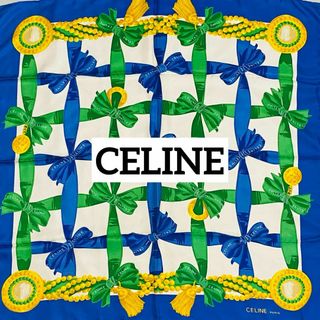 celine - 美品 ★CELINE★ スカーフ 大判 リボン タッセル シルク ブルー