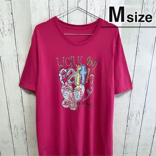 USA古着　Tシャツ　Mサイズ　ピンク　プリント　ロゴ　クルーネック　コットン(Tシャツ/カットソー(半袖/袖なし))