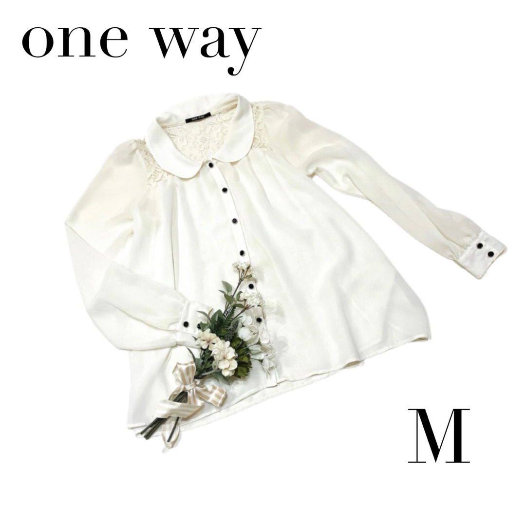 one*way(ワンウェイ)のワンウェイ　シフォン　ブラウス　オフホワイト　M レース　透け感　長袖　春服　春 レディースのトップス(シャツ/ブラウス(長袖/七分))の商品写真