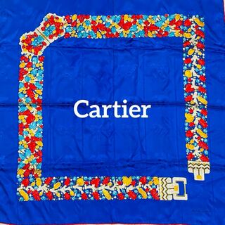 Cartier - 美品 ★Cartier★ スカーフ 大判 ベルト ビジュー パンテール ブルー