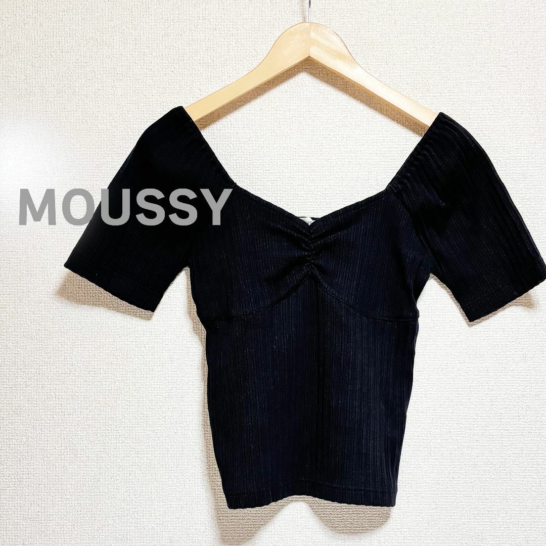 moussy(マウジー)のMOUSSY マウジー　カットソー 黒 半袖 ランダムリブ ブラック レディースのトップス(カットソー(半袖/袖なし))の商品写真