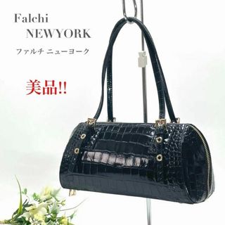 ファルチニューヨーク(falchi New York)の美品 ファルチ クロコ型押し ショルダーバッグ ミニ ボストンバッグ ブラック(ショルダーバッグ)