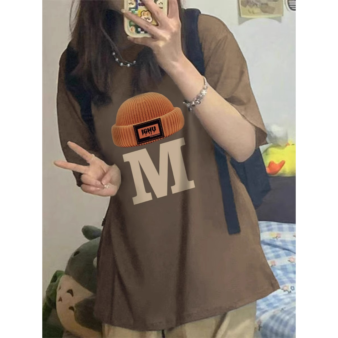 ロング丈　tシャツ  帽子柄　ブラウン　大きいサイズ レディースのトップス(Tシャツ(半袖/袖なし))の商品写真