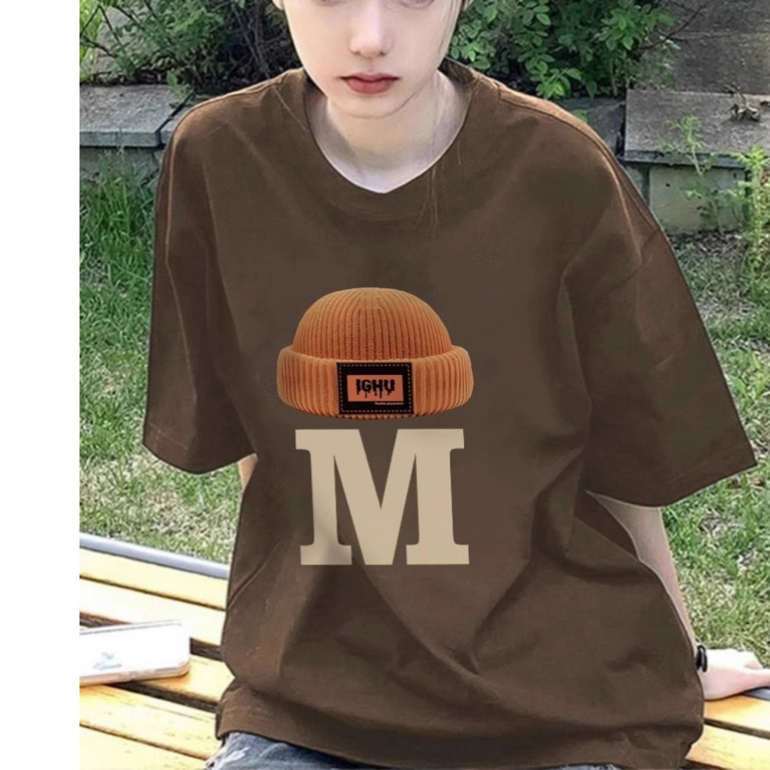 ロング丈　tシャツ  帽子柄　ブラウン　大きいサイズ レディースのトップス(Tシャツ(半袖/袖なし))の商品写真