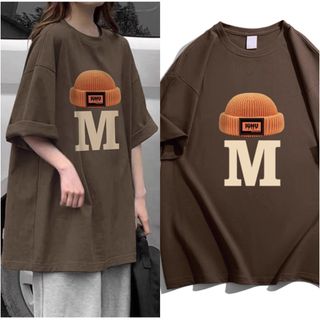 ロング丈　tシャツ  帽子柄　ブラウン　大きいサイズ(Tシャツ(半袖/袖なし))