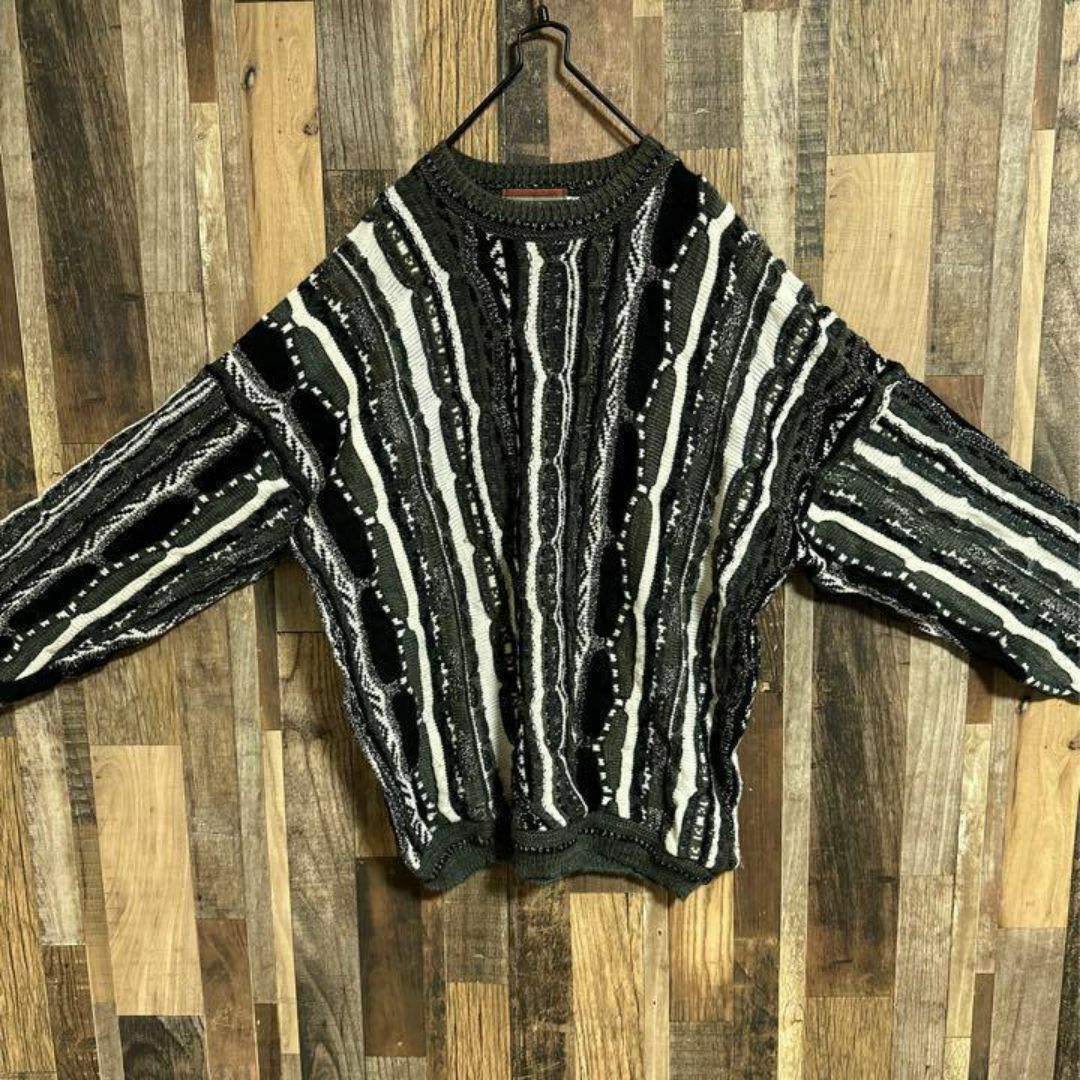 3D ニット セーター ブラック オリーブ メンズ 冬服 2XL USA古着 メンズのトップス(ニット/セーター)の商品写真