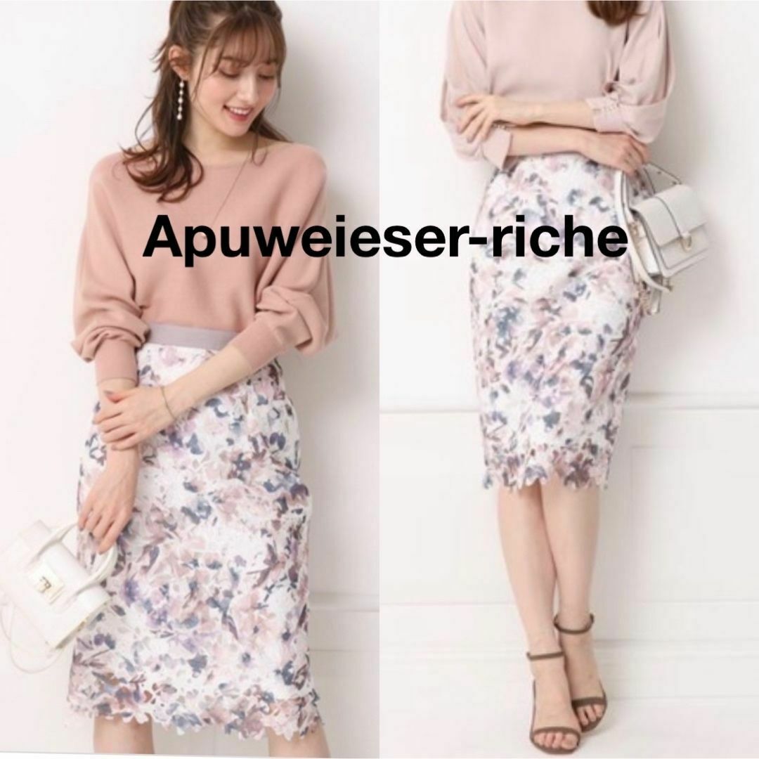 Apuweiser-riche(アプワイザーリッシェ)の美品 Apuweiesr-riche レースプリントタイトスカート 膝丈 レディースのスカート(ひざ丈スカート)の商品写真