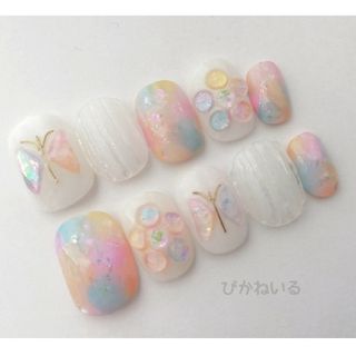 ゆめかわカラー♡ぷっくりフラワー×蝶々ネイル(ネイルチップ)