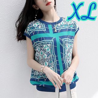 半袖 カットソー Ｔシャツ 夏 韓国 レディース XL  体型カバー ブルー(Tシャツ(半袖/袖なし))