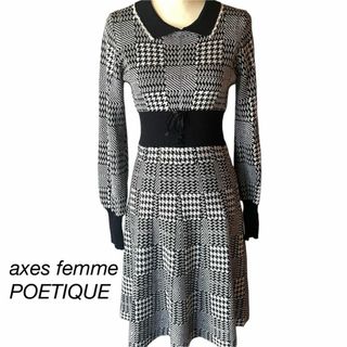 アクシーズファムポエティック(axes femme POETIQUE)のアクシーズファム 襟付き ニットワンピース 千鳥格子柄 Aライン Mサイズ(ひざ丈ワンピース)