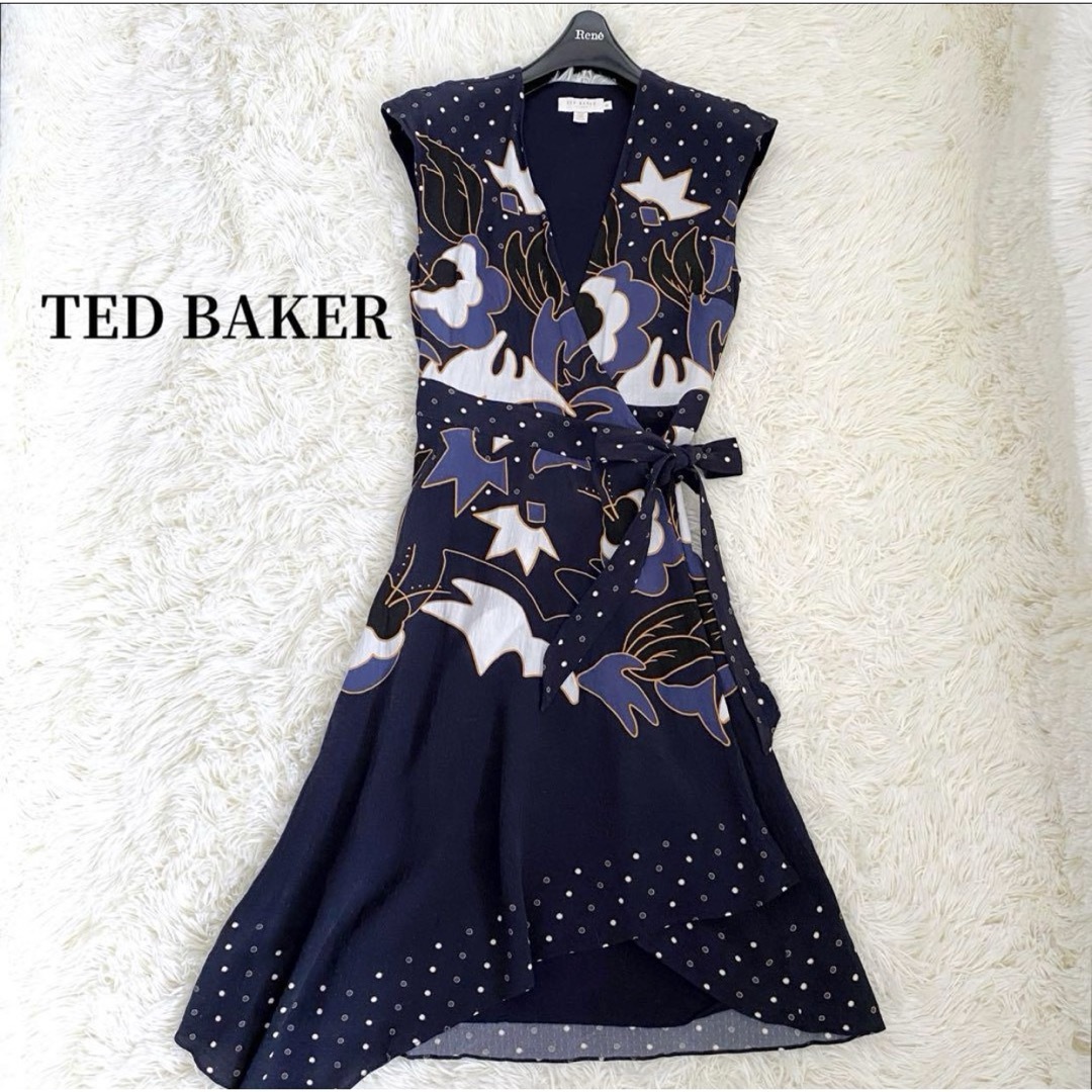 TED BAKER(テッドベイカー)のテッドベイカー 花柄 ドット アシンメトリー カシュクール ラップワンピース レディースのワンピース(ひざ丈ワンピース)の商品写真