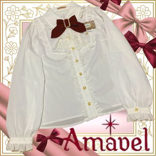 アマベル(Amavel)のボルドーリボンジャボ付き白長袖ブラウス/Amabelアンクルージュリズリサイング(シャツ/ブラウス(長袖/七分))