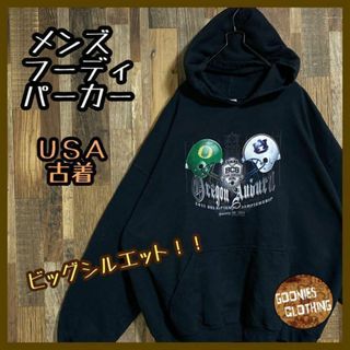 メンズ フーディ パーカー プリントロゴ ブラック XL USA 古着 90s(パーカー)