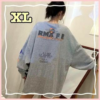 レディース ダメージ ユーズド加工 トレーナー  グレー XL オーバーサイズ(Tシャツ(長袖/七分))