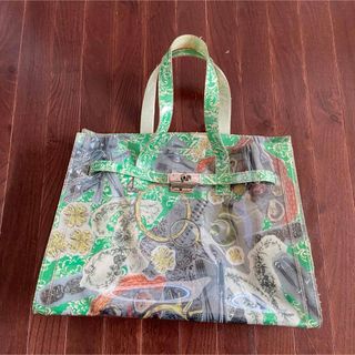 グリーン　ビニールバッグ　トートバッグ　デコパージュ　鞄　旅行　海　プール　美品(トートバッグ)