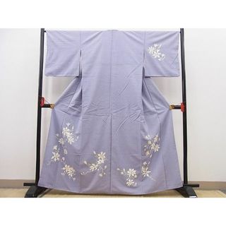 平和屋野田店■訪問着　紬地　手描き　草花文　銀彩　逸品　n-pk6026(着物)