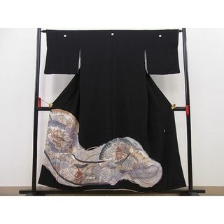 平和屋野田店■豪華黒留袖　作家物　檜扇吉祥風景文　金彩　逸品　n-pk6054(着物)