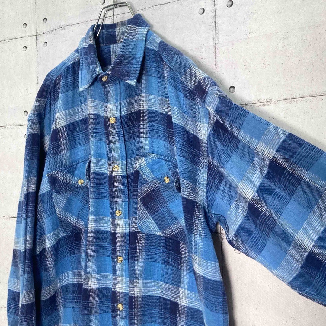 【人気カラー】90s チェック ヘビーネルシャツ ブルー コットン 古着 メンズのトップス(シャツ)の商品写真