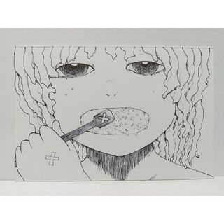 オリジナルイラスト 手描きイラスト 歯みがき ハンドメイド 絵 モノクロ 女の子(アート/写真)