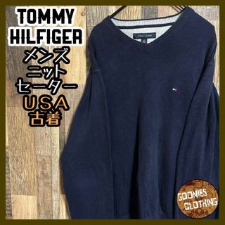 トミーヒルフィガー(TOMMY HILFIGER)のトミーヒルフィガー ニット セーター ネイビー ロゴ L サイズ USA古着(ニット/セーター)