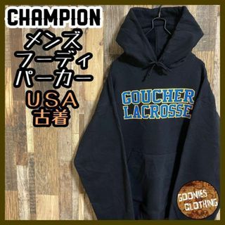 チャンピオン(Champion)のチャンピオン パーカー フーディ ロゴ ブラック プリント M サイズ US古着(パーカー)