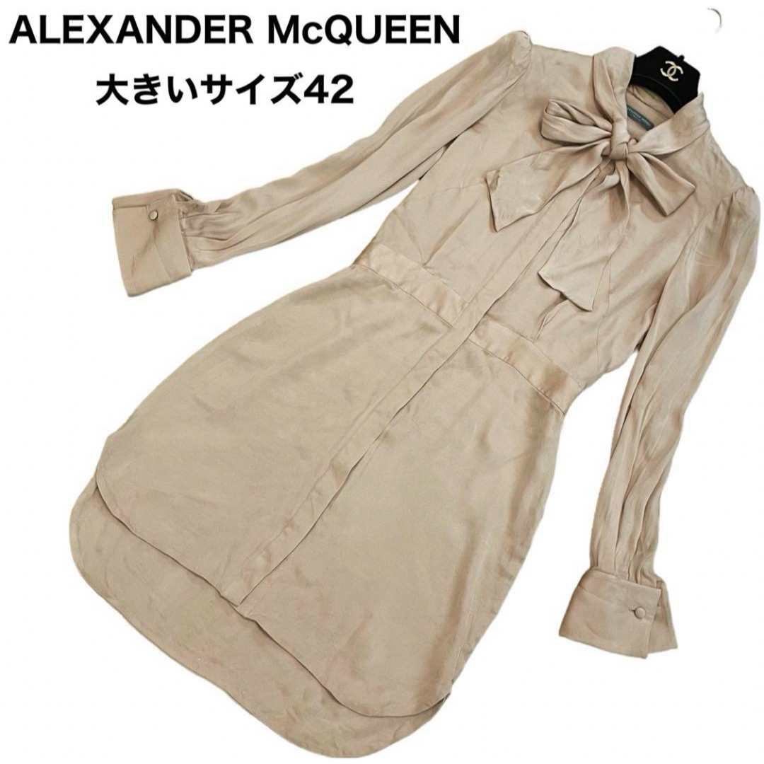 Alexander McQueen(アレキサンダーマックイーン)の良品　ALEXANDER McQUEEN ボウタイ　シャツワンピース　比翼仕立て レディースのワンピース(ロングワンピース/マキシワンピース)の商品写真
