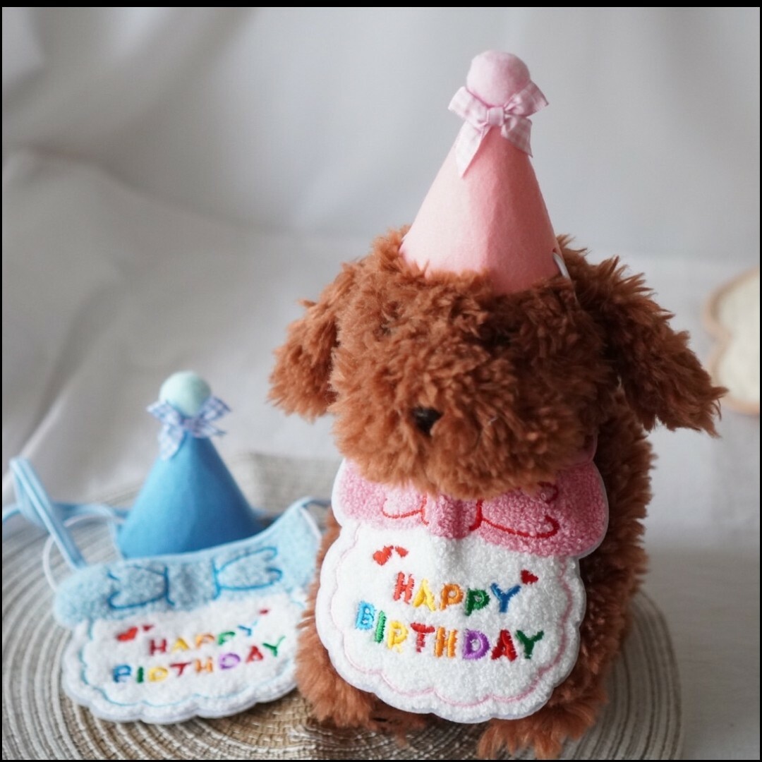 ペット 犬 猫 バースデースタイ 誕生日 写真撮影 リボン付き スタイ 帽子 ハンドメイドのペット(ペット服/アクセサリー)の商品写真
