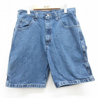 ラングラー(Wrangler)のW34★古着 ラングラー Wrangler ショート ペインター パンツ ショーツ メンズ コットン 紺 ネイビー デニム 24apr11 中古 ボトムス 短パン ショーパン(ワークパンツ/カーゴパンツ)