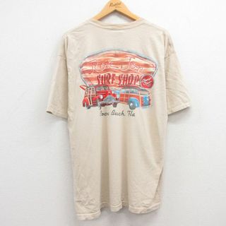 XL★古着 ロンジョン 半袖 ビンテージ Tシャツ メンズ 00年代 00s 車 サーフショップ 胸ポケット付き 大きいサイズ コットン クルーネック ベージュ カーキ 24apr11 中古(Tシャツ/カットソー(半袖/袖なし))