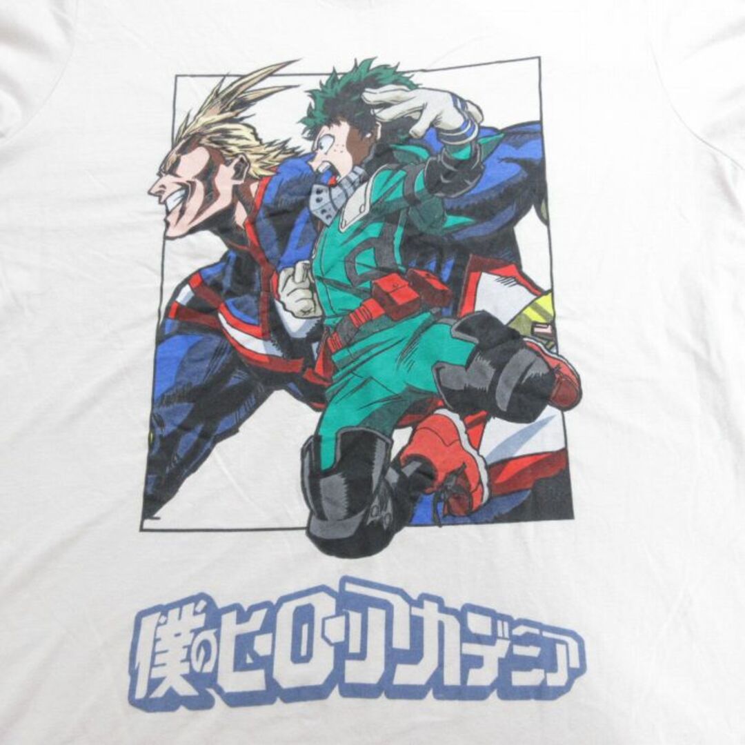 L★古着 半袖 Tシャツ メンズ アニメ 僕のヒーローアカデミア 緑谷出久 グリーン デク クルーネック 薄グレー 【spe】 24apr11 中古 メンズのトップス(Tシャツ/カットソー(半袖/袖なし))の商品写真