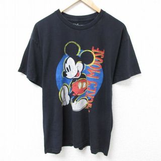 ディズニー(Disney)のL★古着 半袖 Tシャツ メンズ ディズニー DISNEY ミッキー MICKEY MOUSE コットン クルーネック 黒 ブラック 24apr11 中古(Tシャツ/カットソー(半袖/袖なし))