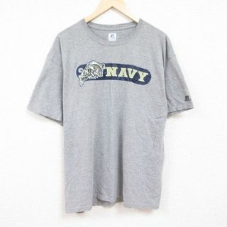 XL★古着 ラッセル 半袖 Tシャツ メンズ ミリタリー ネイビー NAVY 大きいサイズ クルーネック グレー 霜降り 【spe】 24apr11 中古(Tシャツ/カットソー(半袖/袖なし))