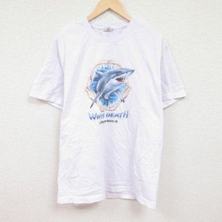 XL★古着 半袖 Tシャツ メンズ サメ コットン クルーネック 薄紫 パープル 24apr11 中古(Tシャツ/カットソー(半袖/袖なし))