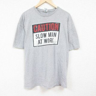 XL★古着 半袖 Tシャツ メンズ CAUTION 大きいサイズ クルーネック グレー 霜降り 24apr11 中古(Tシャツ/カットソー(半袖/袖なし))