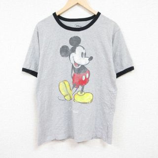 ディズニー(Disney)のXL★古着 半袖 Tシャツ メンズ ディズニー DISNEY ミッキー MICKEY MOUSE クルーネック グレー 霜降り リンガー 24apr11 中古(Tシャツ/カットソー(半袖/袖なし))