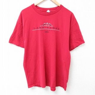XL★古着 半袖 Tシャツ メンズ カリフォルニア 山 コットン クルーネック 赤 レッド 24apr11 中古(Tシャツ/カットソー(半袖/袖なし))