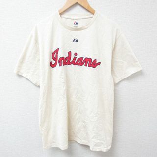 マジェスティック(Majestic)のL★古着 マジェスティック 半袖 Tシャツ メンズ MLB クリーブランドインディアンズ ルーブードロー 5 コットン クルーネック 薄ベージュ カーキ メジャーリーグ ベースボール 野球 24apr11 中古(Tシャツ/カットソー(半袖/袖なし))