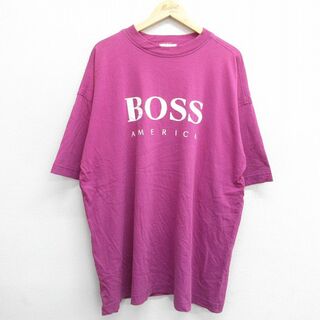 ボス(BOSS)のXL★古着 BOSS 半袖 ビンテージ Tシャツ メンズ 90年代 90s ビッグロゴ ロング丈 大きいサイズ コットン クルーネック USA製 紫系 パープル 24apr11 中古(Tシャツ/カットソー(半袖/袖なし))