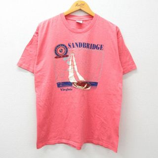 XL★古着 半袖 ビンテージ Tシャツ メンズ 90年代 90s ヨット バージニア コットン クルーネック USA製 ピンク 24apr11 中古(Tシャツ/カットソー(半袖/袖なし))