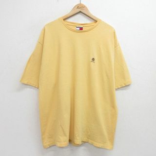 トミーヒルフィガー(TOMMY HILFIGER)のXL★古着 トミーヒルフィガー TOMMY HILFIGER 半袖 ビンテージ Tシャツ メンズ 90年代 90s ワンポイントロゴ 大きいサイズ コットン クルーネック USA製 黄 イエロー 【spe】 24apr11 中古(Tシャツ/カットソー(半袖/袖なし))