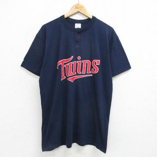 マジェスティック(Majestic)のXL★古着 マジェスティック 半袖 ビンテージ Tシャツ メンズ 00年代 00s MLB ミネソタツインズ ヘンリーネック 紺 ネイビー メジャーリーグ ベースボール 野球 24apr11 中古(Tシャツ/カットソー(半袖/袖なし))