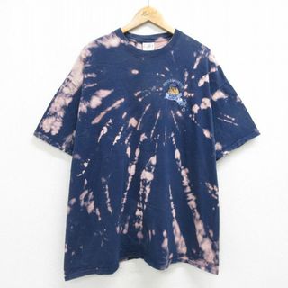 ヘインズ(Hanes)のXL★古着 ヘインズ Hanes 半袖 ビンテージ Tシャツ メンズ 00年代 00s ブルドッグ 刺繍 大きいサイズ コットン クルーネック 紺他 ネイビー ブリーチ加工 24apr11 中古(Tシャツ/カットソー(半袖/袖なし))