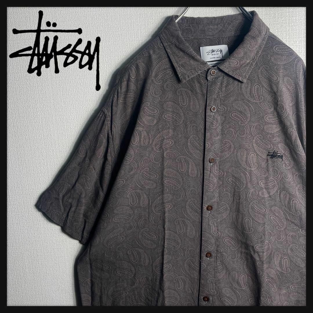 STUSSY(ステューシー)の【美品】ステューシー　ワンポイント刺繍ロゴ　半袖BDシャツ　ペイズリー　XL メンズのトップス(シャツ)の商品写真