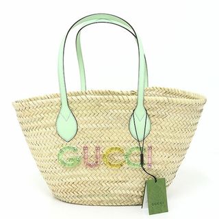 Gucci - グッチ GUCCIロゴ スモールトートバッグ ストロー ナチュラル/ペールグリーン 779524 かごバッグ 未使用品