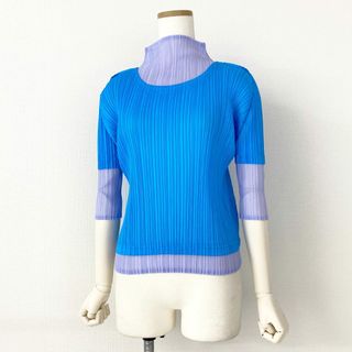 プリーツプリーズイッセイミヤケ(PLEATS PLEASE ISSEY MIYAKE)の67d12 PLEATS PLEASE ISSEY MIYAKE プリーツプリーズ イッセイミヤケ 日本製 PP51-JK552 メッシュ切替 ハイネック 長袖プリーツカットソー ロングスリーブ トップス 3 ブルー パープル MADE IN JAPAN(カットソー(長袖/七分))