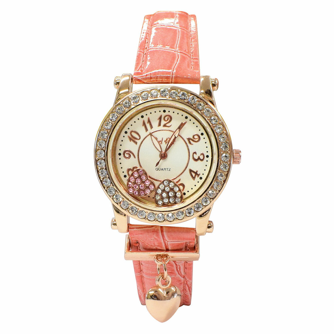 レディース腕時計 盤内を動くハート ラインストーン ホワイト×ピンクオレンジ レディースのファッション小物(腕時計)の商品写真