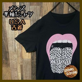 プリント tシャツ ブラック メンズ M 古着 半袖 口 唇(Tシャツ/カットソー(半袖/袖なし))